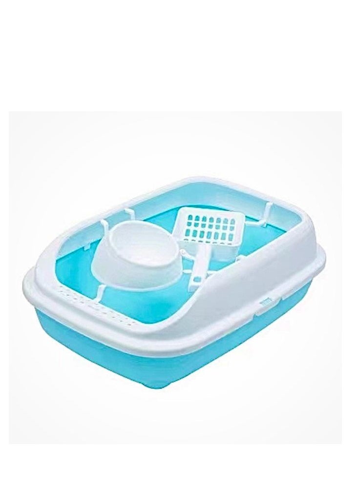 HAPPY PUSS - Cat litter box 3 in 1: sand box, feeder bowl and cat litter scoop, plastic small cat litter box With High Sides, detachable, open litter tray with pet accessories: shovel and food bowl. Blue color - Image 1