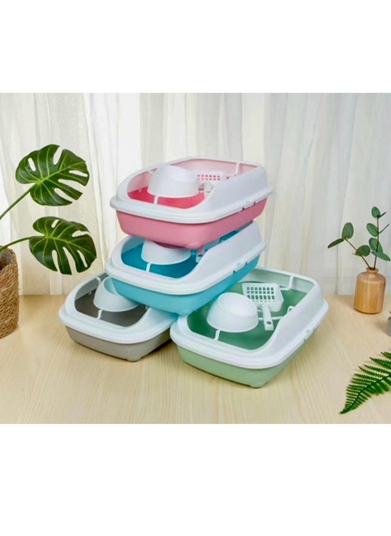 HAPPY PUSS - Cat litter box 3 in 1: sand box, feeder bowl and cat litter scoop, plastic small cat litter box With High Sides, detachable, open litter tray with pet accessories: shovel and food bowl. Blue color - Image 1