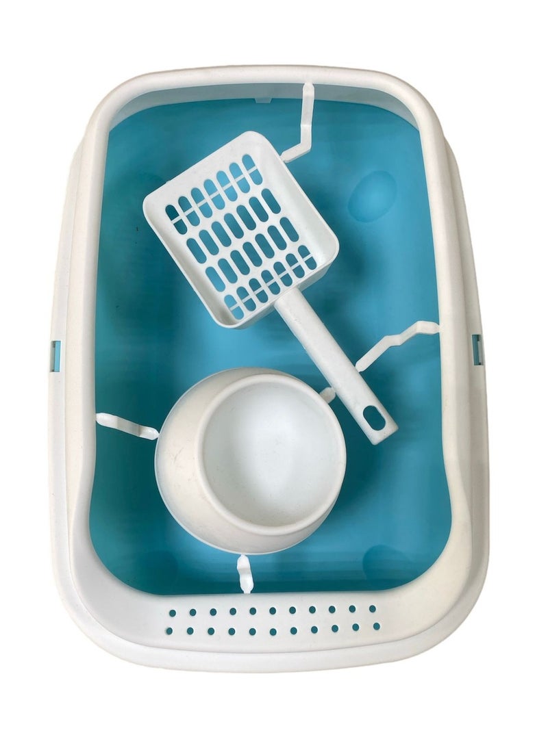 HAPPY PUSS - Cat litter box 3 in 1: sand box, feeder bowl and cat litter scoop, plastic small cat litter box With High Sides, detachable, open litter tray with pet accessories: shovel and food bowl. Blue color - Image 1