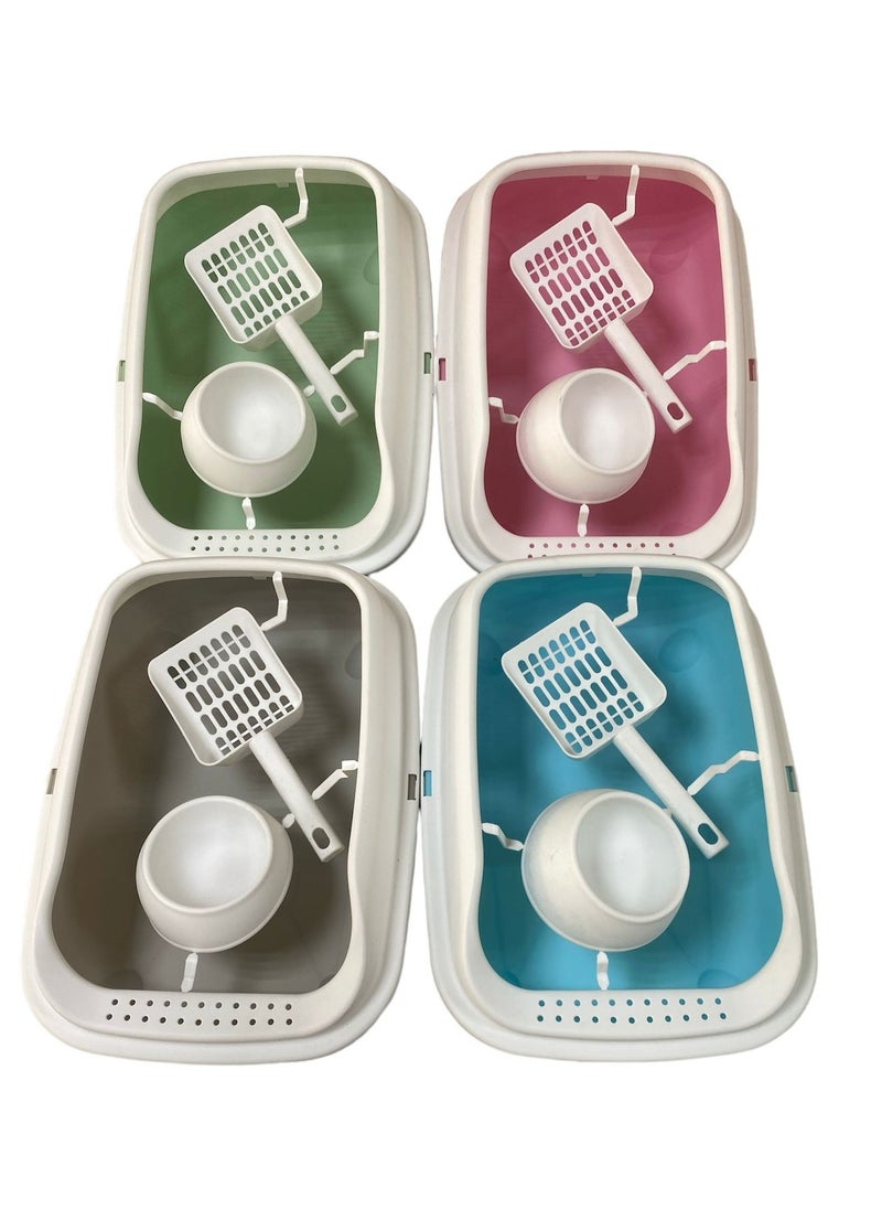 HAPPY PUSS - Cat litter box 3 in 1: sand box, feeder bowl and cat litter scoop, plastic small cat litter box With High Sides, detachable, open litter tray with pet accessories: shovel and food bowl. Blue color - Image 1
