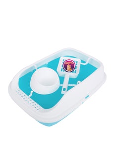 Cat litter box 3 in 1: sand box, feeder bowl and cat litter scoop, plastic small cat litter box With High Sides, detachable, open litter tray with pet accessories: shovel and food bowl. Blue color