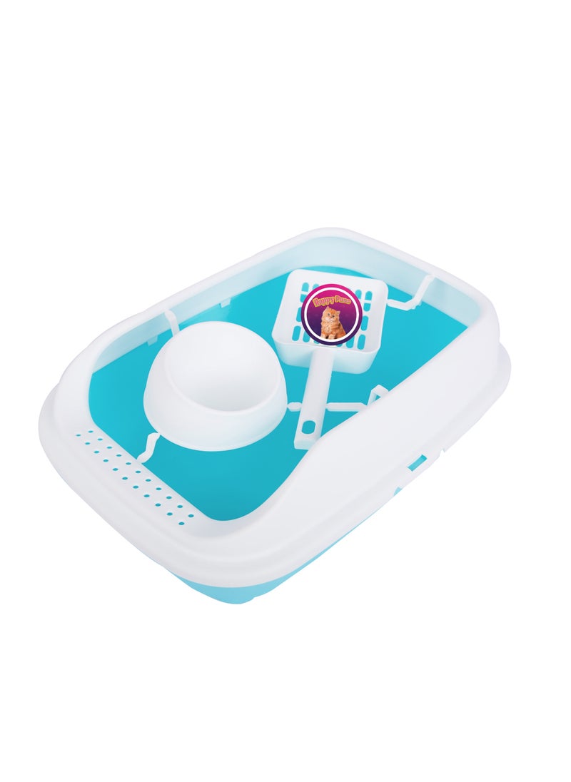 HAPPY PUSS - Cat litter box 3 in 1: sand box, feeder bowl and cat litter scoop, plastic small cat litter box With High Sides, detachable, open litter tray with pet accessories: shovel and food bowl. Blue color - Image 1