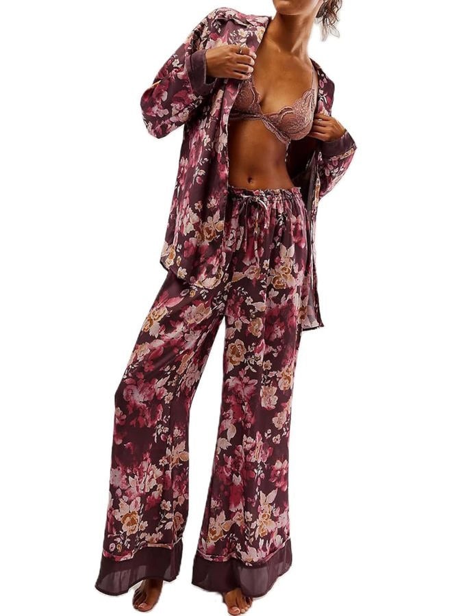 Yimoon Womens Satin Pajama Set Floral Silk Pajamas 2 Piece Cute Long Sleeve Button Down Pjs Sleepwear Lounge Set, Winered, S - Image 1