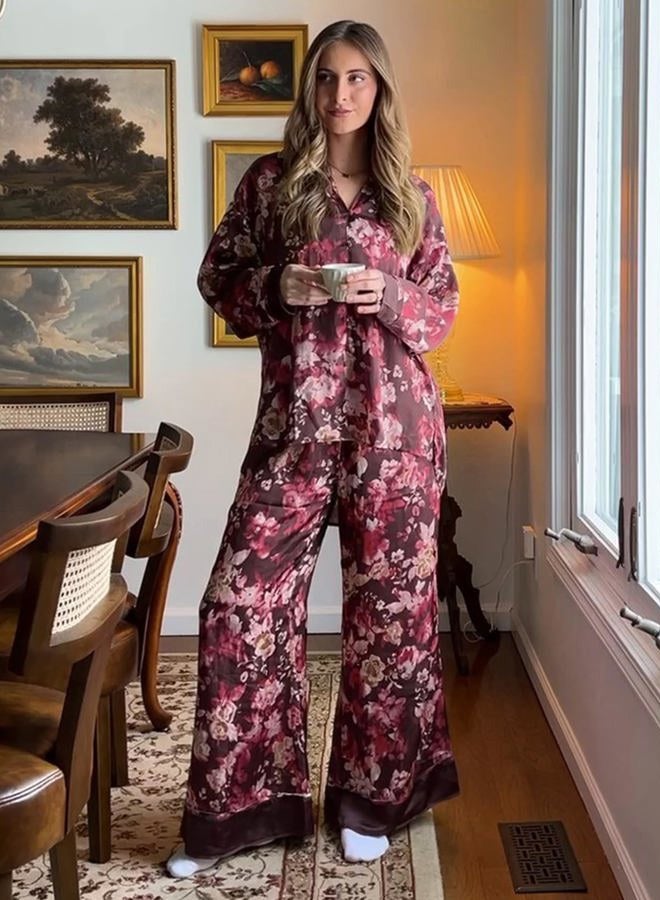 Yimoon Womens Satin Pajama Set Floral Silk Pajamas 2 Piece Cute Long Sleeve Button Down Pjs Sleepwear Lounge Set, Winered, S - Image 5