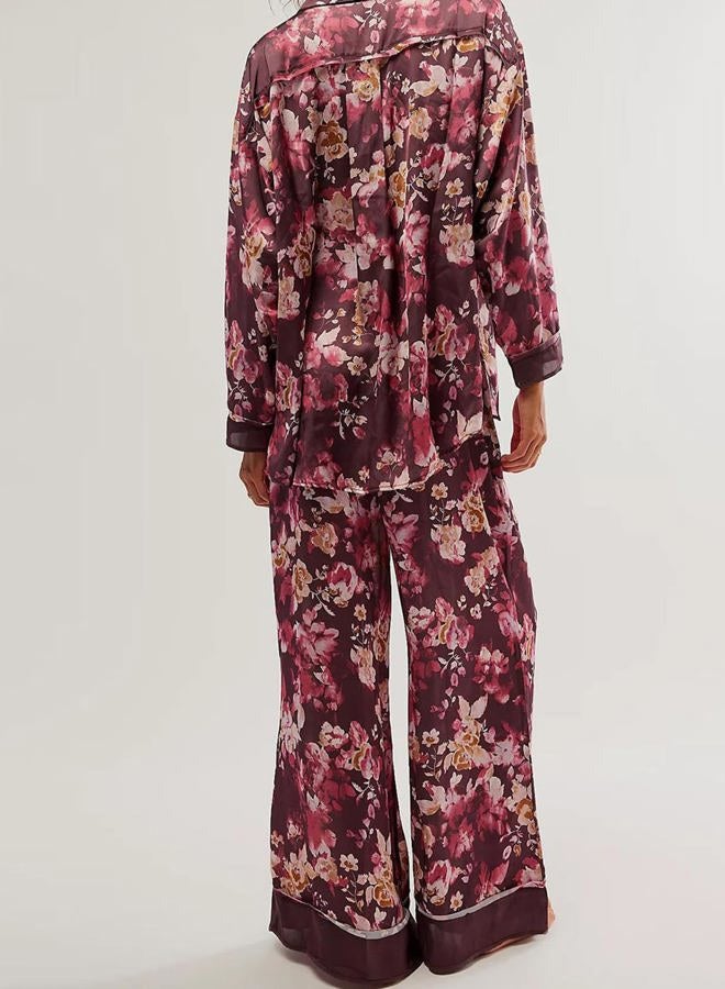 Yimoon Womens Satin Pajama Set Floral Silk Pajamas 2 Piece Cute Long Sleeve Button Down Pjs Sleepwear Lounge Set, Winered, S - Image 3