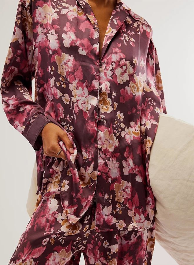 Yimoon Womens Satin Pajama Set Floral Silk Pajamas 2 Piece Cute Long Sleeve Button Down Pjs Sleepwear Lounge Set, Winered, S - Image 2