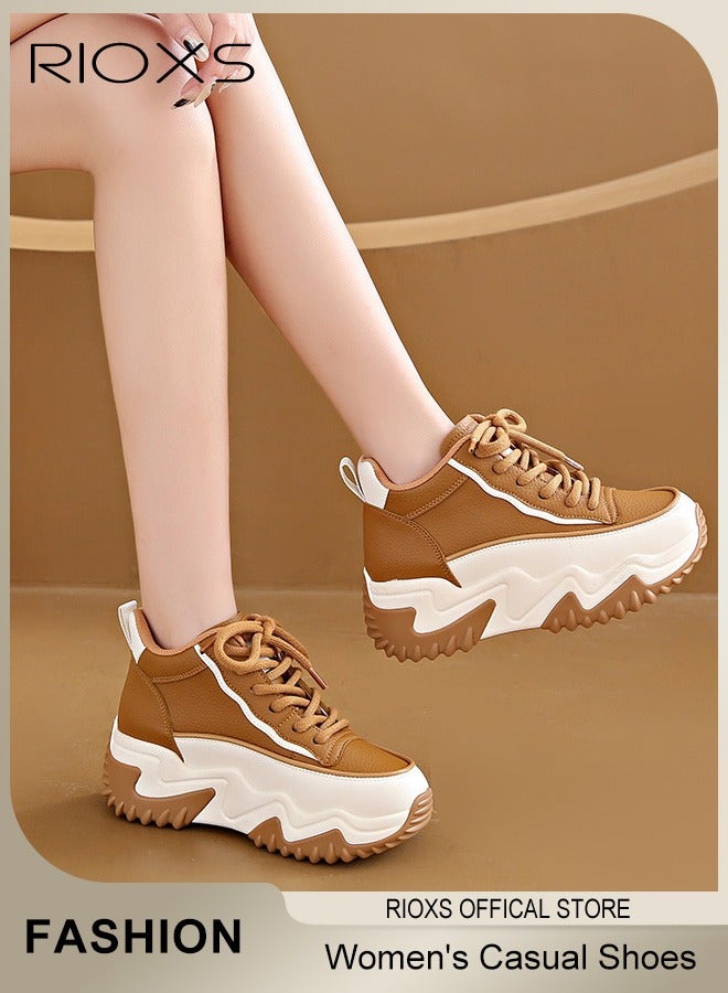 RIOXS Women's Sports Shoes, Leather Platform Wedge Sneakers, Non-Slip Hiking Shoes, Casual Walking Shoes, Outdoor Shock Absorbing Trainers For Jogging Running Trips, Ladies Athlesiure Trainers  - Image 3