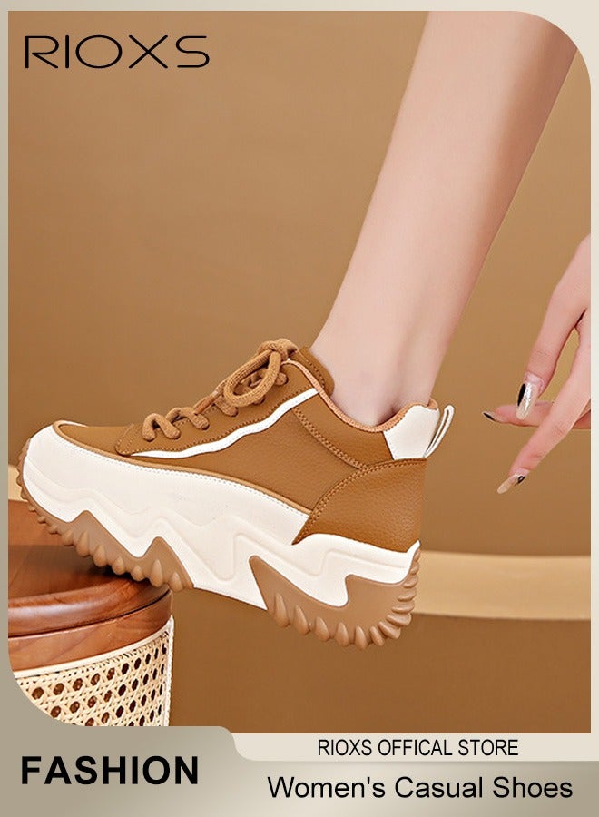 RIOXS Women's Sports Shoes, Leather Platform Wedge Sneakers, Non-Slip Hiking Shoes, Casual Walking Shoes, Outdoor Shock Absorbing Trainers For Jogging Running Trips, Ladies Athlesiure Trainers  - Image 2