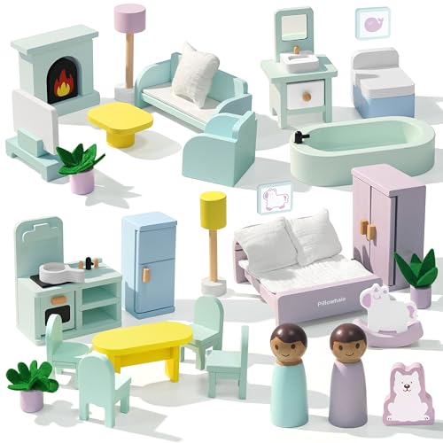 Pillowhale Wooden Dollhouse Furniture Set36Piece Dollhouse Furniture Accessories for 6 RoomsInteractive Pretend Play Furniture Toys Gift for Kids Age 3 - Image 1