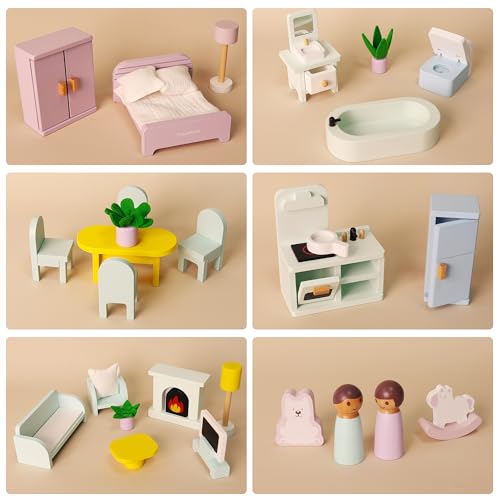 Pillowhale Wooden Dollhouse Furniture Set36Piece Dollhouse Furniture Accessories for 6 RoomsInteractive Pretend Play Furniture Toys Gift for Kids Age 3 - Image 5