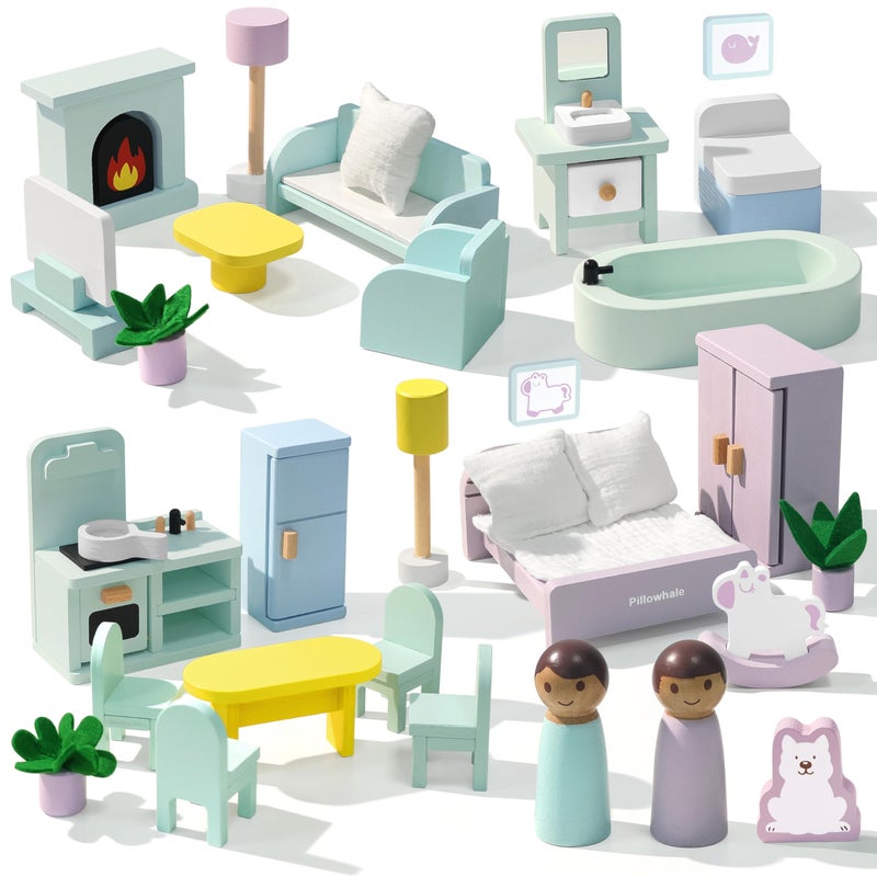 Pillowhale Wooden Dollhouse Furniture Set36Piece Dollhouse Furniture Accessories for 6 RoomsInteractive Pretend Play Furniture Toys Gift for Kids Age 3 - Image 3