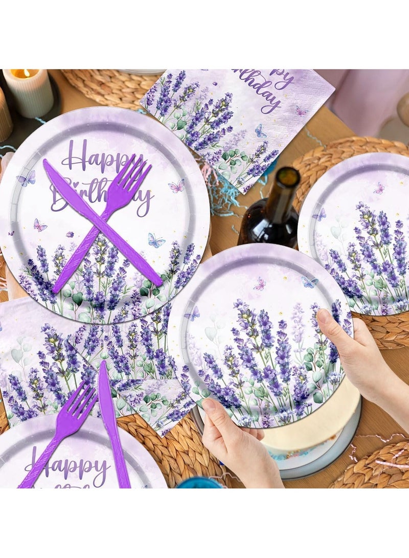 SOLARAE Disposable Tableware Set with Disposable Plates Napkins Cups Forks Tablecloth and Happy Birthday Banner, Lavender Purple Birthday Party Decorations Purple Butterfly Party Supplies Decor 102Pcs - Image 3