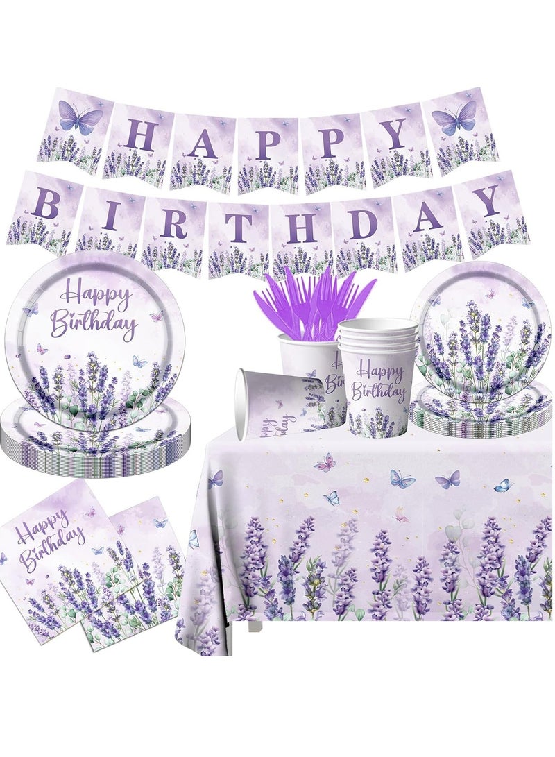 SOLARAE Disposable Tableware Set with Disposable Plates Napkins Cups Forks Tablecloth and Happy Birthday Banner, Lavender Purple Birthday Party Decorations Purple Butterfly Party Supplies Decor 102Pcs - Image 1
