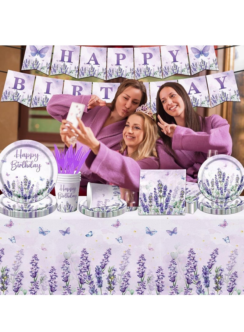 SOLARAE Disposable Tableware Set with Disposable Plates Napkins Cups Forks Tablecloth and Happy Birthday Banner, Lavender Purple Birthday Party Decorations Purple Butterfly Party Supplies Decor 102Pcs - Image 2