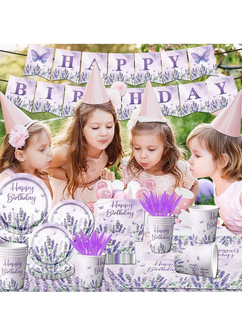 SOLARAE Disposable Tableware Set with Disposable Plates Napkins Cups Forks Tablecloth and Happy Birthday Banner, Lavender Purple Birthday Party Decorations Purple Butterfly Party Supplies Decor 102Pcs - Image 4