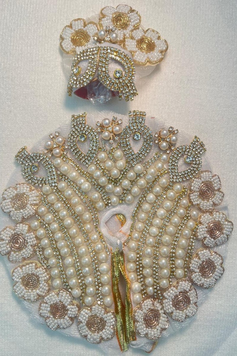 Poshak /Custom-sized white and Golden outfit designed specifically for Ladoo Gopal deity, Size ;2 number.. Made with high-quality fabric featuring elaborate beadwork and sequin details that create a luxurious appearance.