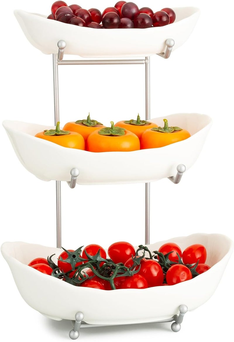 Buric Ceramic Fruit Bowl for Kitchen Counter 3 Tier Ceramic Serving Bowls with Metal Stand Fruit Basket Stand Fruit Serving Tray Set for Vegetable Storage Candy Snack Dessert Cake White - Image 1