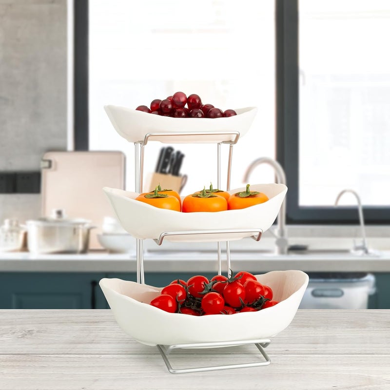 Buric Ceramic Fruit Bowl for Kitchen Counter 3 Tier Ceramic Serving Bowls with Metal Stand Fruit Basket Stand Fruit Serving Tray Set for Vegetable Storage Candy Snack Dessert Cake White - Image 3