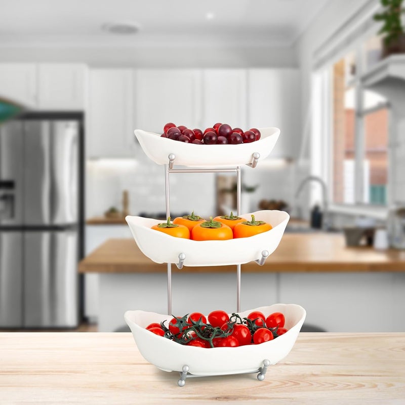Buric Ceramic Fruit Bowl for Kitchen Counter 3 Tier Ceramic Serving Bowls with Metal Stand Fruit Basket Stand Fruit Serving Tray Set for Vegetable Storage Candy Snack Dessert Cake White - Image 4