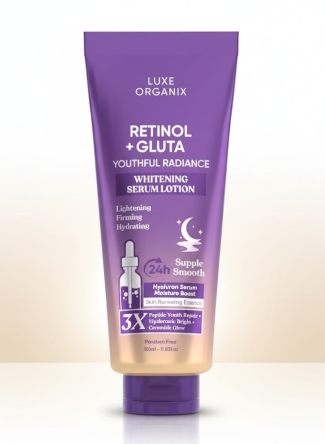 لوكس أورغانيكس لوشن سيروم لتفتيح البشرة لوكس أورغانيكس ريتينول غلوتا إشراقة شبابية 350 مل بتركيبة ترطيب وتغذية مع فيتامين إي والكولاجين