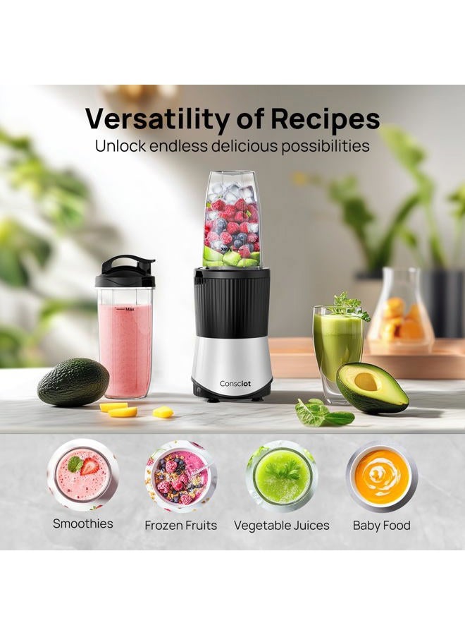 Consciot CB08 11-Piece Blender for Kitchen and Personal Size, Blend Shakes and Smoothies, Frozen Drinks, Baby Food, Spreads & More, 3 Portable To-Go Cups & 2 Spout Lids & 1 Solid Lid, 900 Peak Watts - Image 4