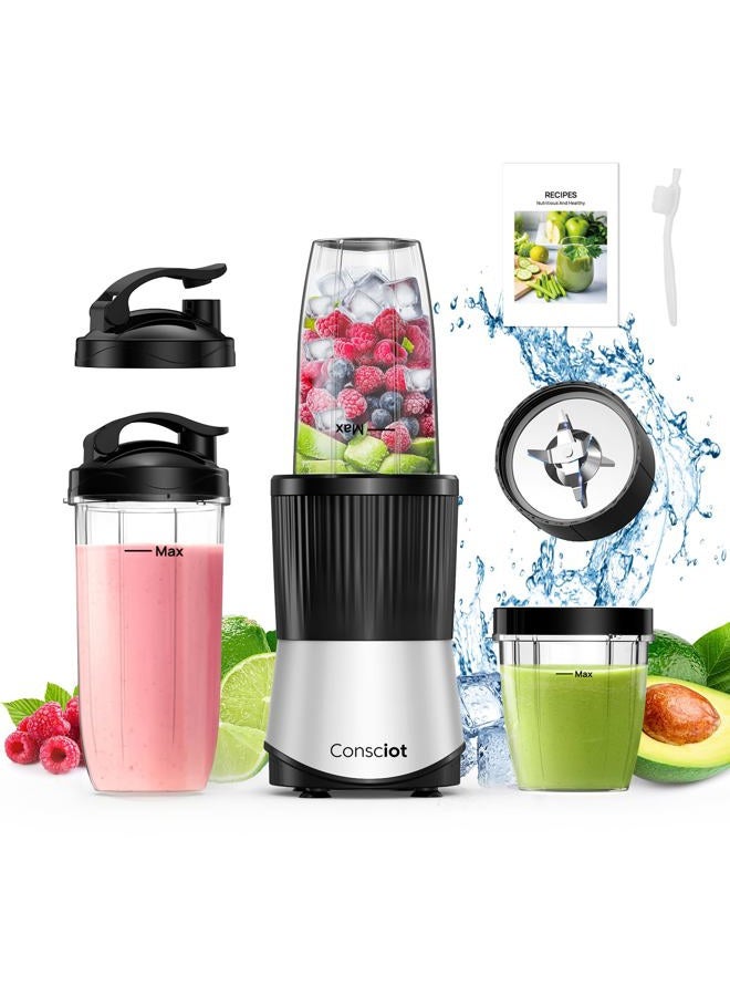 Consciot CB08 11-Piece Blender for Kitchen and Personal Size, Blend Shakes and Smoothies, Frozen Drinks, Baby Food, Spreads & More, 3 Portable To-Go Cups & 2 Spout Lids & 1 Solid Lid, 900 Peak Watts - Image 1
