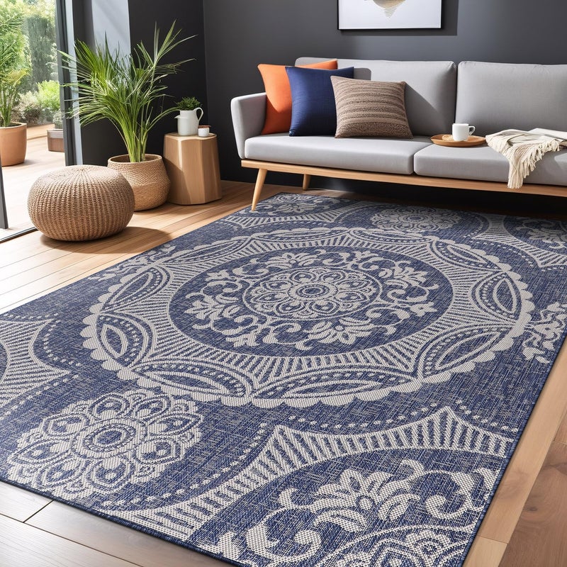 Luul Home Medallion Outdoor Rug 5x7 Washable Outside Carpet for Indoor Patio Porch Waterproof Easy Cleaning Non Shedding Area Rugs Blue 5 x 7 - Image 4