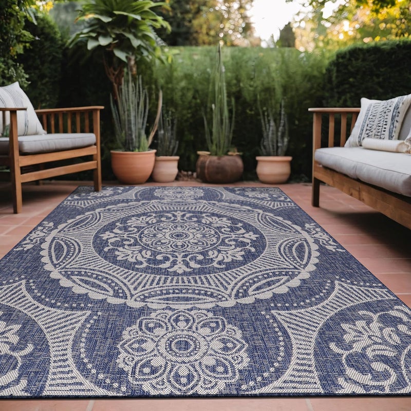 Luul Home Medallion Outdoor Rug 5x7 Washable Outside Carpet for Indoor Patio Porch Waterproof Easy Cleaning Non Shedding Area Rugs Blue 5 x 7 - Image 1