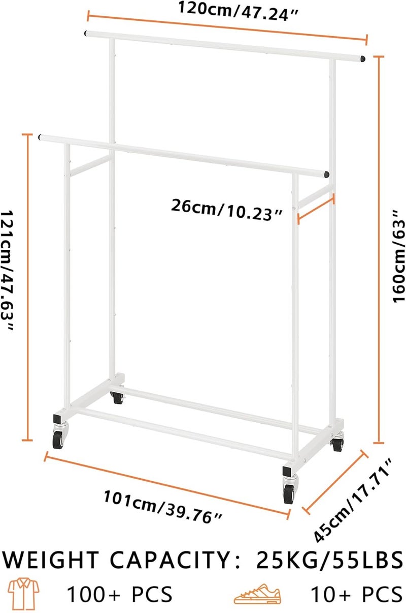 Calmootey Double Rod Clothing Garment Rack,Rolling Hanging Clothes Rack,Portable Clothes Organizer for Bedroom,Living Room,Clothing Store,White - Image 3