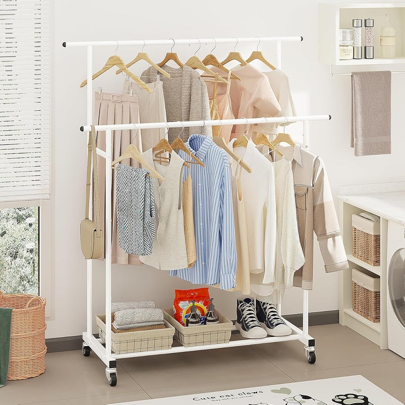 Calmootey Double Rod Clothing Garment Rack,Rolling Hanging Clothes Rack,Portable Clothes Organizer for Bedroom,Living Room,Clothing Store,White - Image 4
