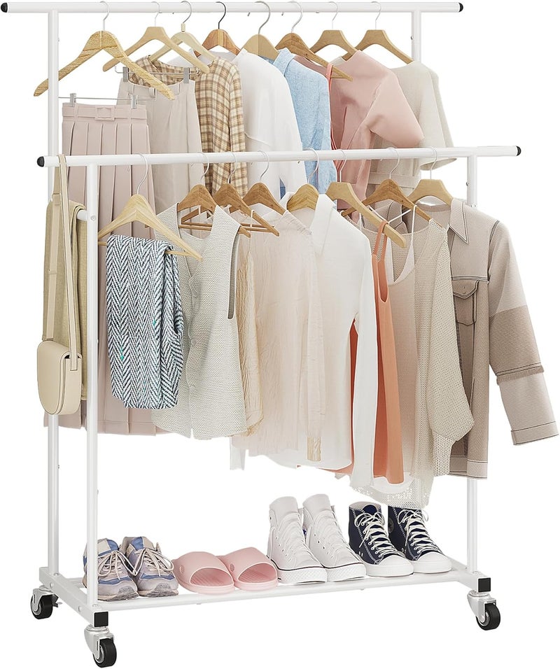 Calmootey Double Rod Clothing Garment Rack,Rolling Hanging Clothes Rack,Portable Clothes Organizer for Bedroom,Living Room,Clothing Store,White - Image 1