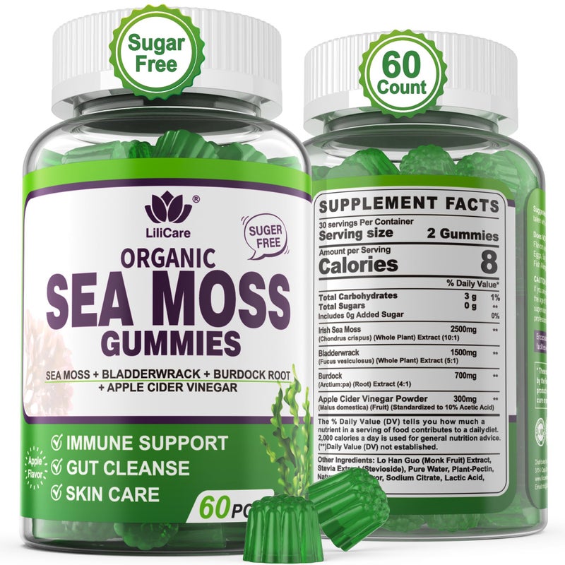 EnvyDeal Sea Moss Gummies Irish Sea Moss Gummies for Adults Kids Advanced Superfood Seamoss Supplement with Organic Bladderwrack Burdock Root ExtractACV for Daily Immune Gut Cleanse Vegan 60 Counts