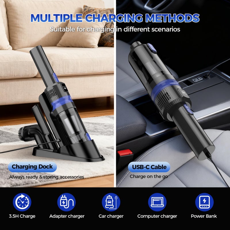 Filigo Handheld Vacuum Cordless Rechargeable 2-Speed Modes| 3-in-1 Portable Cordless Vacuum Cleaner with Charging Dock, for Car Home Office and Pet Hairï¼ˆBlueï¼‰ - Image 5