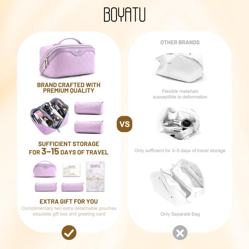 BOYATU Travel Makeup Bag Organizer: 3 Pcs Set Large Capacity Cosmetic Bags Holds 10â€“20 100ml Full-Size Bottles - 180Â°Open-Flat Make up Case 3-sec touch-up - Toiletry Bag Gift women (01-F-Purple) - Image 2