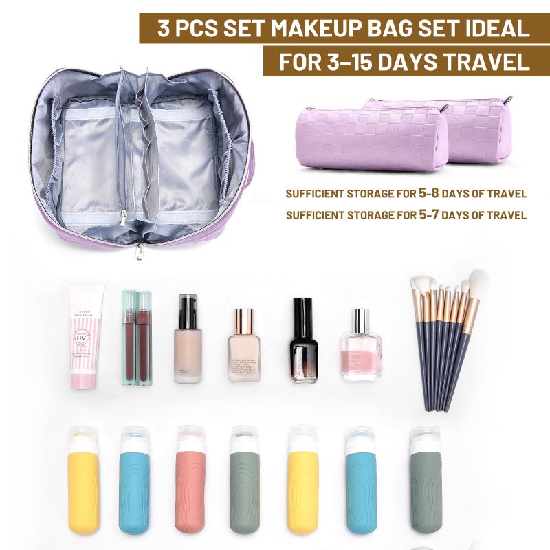 BOYATU Travel Makeup Bag Organizer: 3 Pcs Set Large Capacity Cosmetic Bags Holds 10â€“20 100ml Full-Size Bottles - 180Â°Open-Flat Make up Case 3-sec touch-up - Toiletry Bag Gift women (01-F-Purple) - Image 4