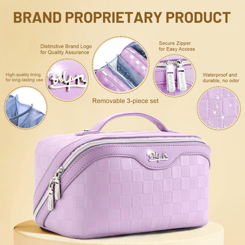 BOYATU Travel Makeup Bag Organizer: 3 Pcs Set Large Capacity Cosmetic Bags Holds 10â€“20 100ml Full-Size Bottles - 180Â°Open-Flat Make up Case 3-sec touch-up - Toiletry Bag Gift women (01-F-Purple) - Image 3