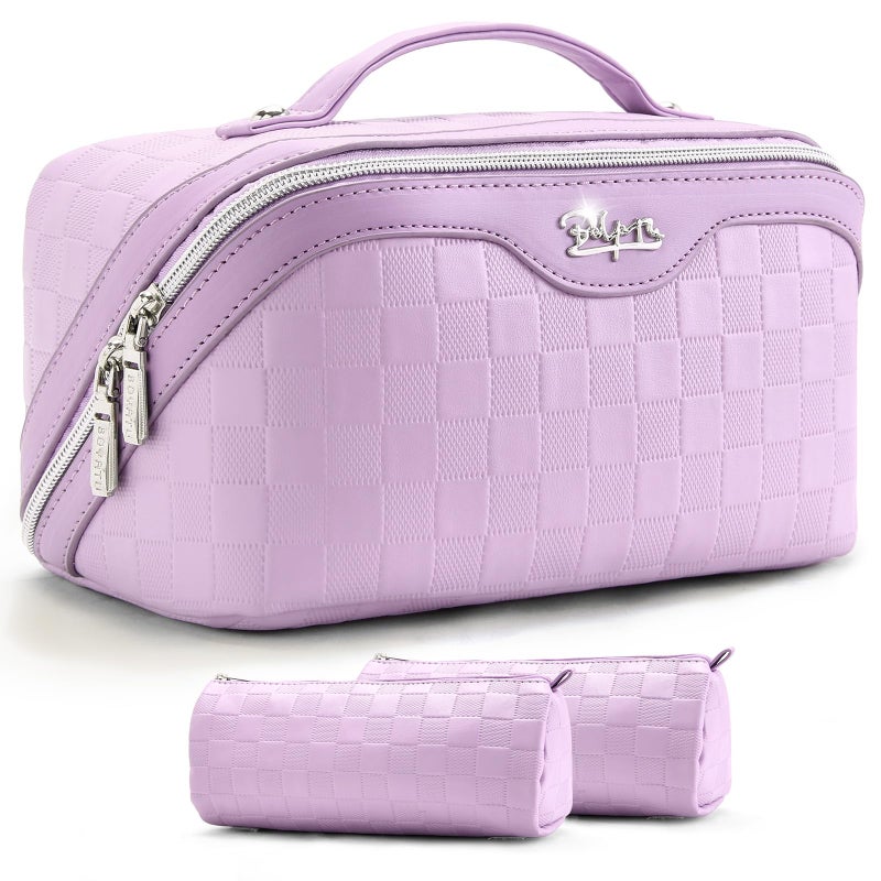BOYATU Travel Makeup Bag Organizer: 3 Pcs Set Large Capacity Cosmetic Bags Holds 10â€“20 100ml Full-Size Bottles - 180Â°Open-Flat Make up Case 3-sec touch-up - Toiletry Bag Gift women (01-F-Purple) - Image 1