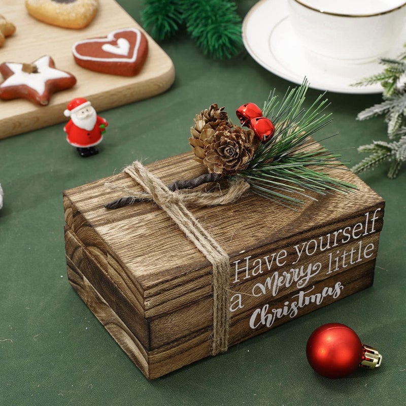 Whaline Christmas Wooden Tiered Tray Decor Merry Christmas Faux Decorative Stacked Books Bundle Wooden Block Sign with Berries for Xmas Farmhouse Rustic Decor Kitchen Home Table Decoration - Image 5