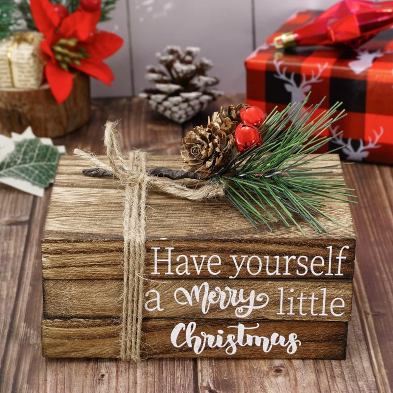 Whaline Christmas Wooden Tiered Tray Decor Merry Christmas Faux Decorative Stacked Books Bundle Wooden Block Sign with Berries for Xmas Farmhouse Rustic Decor Kitchen Home Table Decoration - Image 4