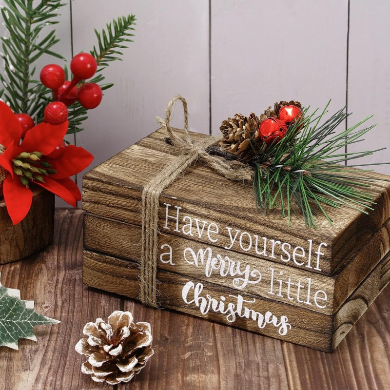 Whaline Christmas Wooden Tiered Tray Decor Merry Christmas Faux Decorative Stacked Books Bundle Wooden Block Sign with Berries for Xmas Farmhouse Rustic Decor Kitchen Home Table Decoration - Image 3