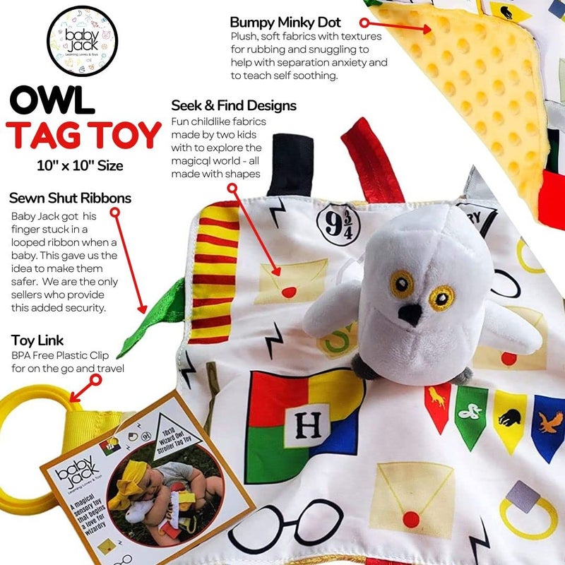 The Learning Lovey Baby Jack & Co 10x10” Wizard Lovey Owl Tag Toy for Babies Witches - House Colors - Learn Wizardry - Soft & Safe - Learn Shapes & Colors - Ideal Baby Toy & Muggle Gift - BPA Free w/Stroller Clip - Image 2