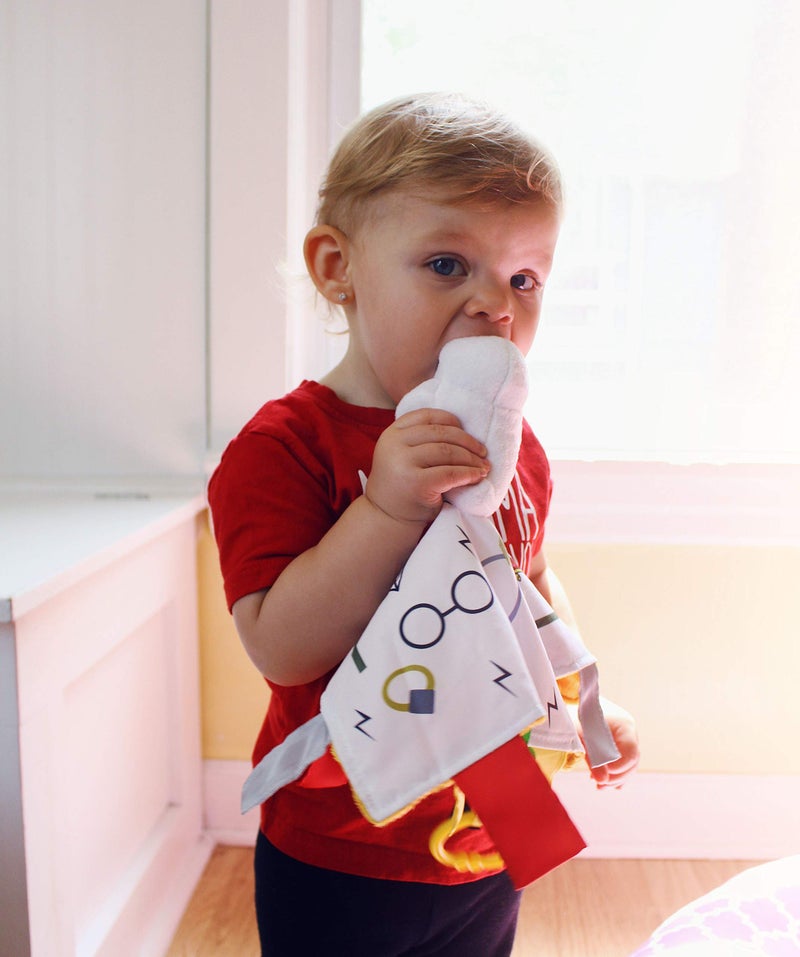 The Learning Lovey Baby Jack & Co 10x10” Wizard Lovey Owl Tag Toy for Babies Witches - House Colors - Learn Wizardry - Soft & Safe - Learn Shapes & Colors - Ideal Baby Toy & Muggle Gift - BPA Free w/Stroller Clip - Image 4