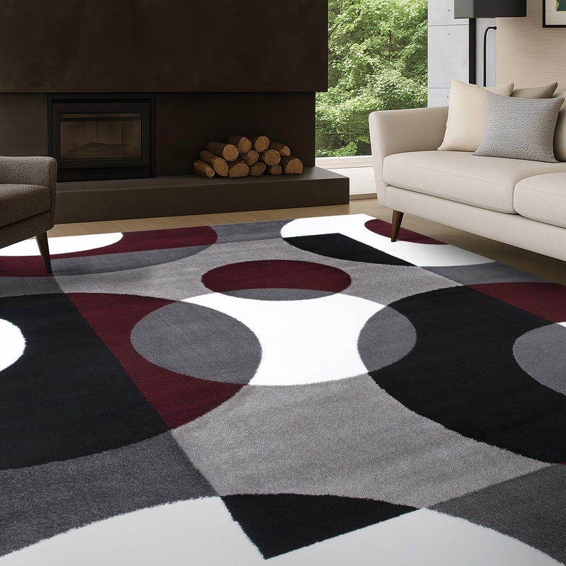 Rugshop Burgundy Geometric Area Rug, Contemporary Circle Design, Non-Shedding, Easy-Care Style for Living Room, Bedroom and Home Office, 5'3" x 7'3" - Image 1