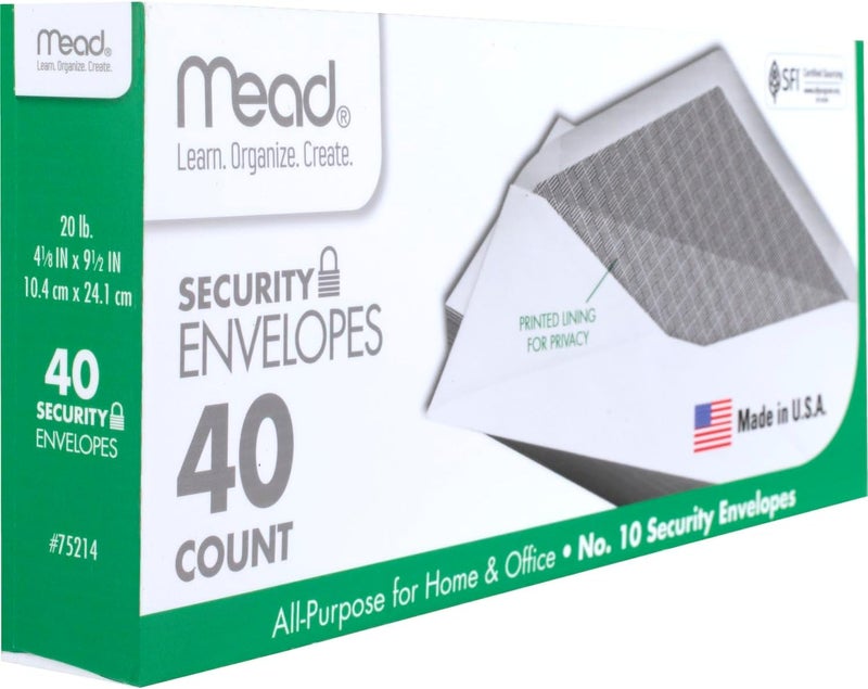 Mead #10 Security Envelopes - 40 Count, 4-1/8" x 9-1/2", Gummed Closure, Windowless, White with Printed Lining for Privacy - Image 2