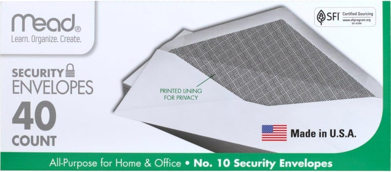 Mead #10 Security Envelopes - 40 Count, 4-1/8" x 9-1/2", Gummed Closure, Windowless, White with Printed Lining for Privacy - Image 1