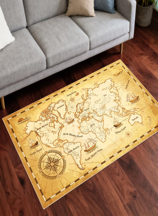 GUG Washable Area Rug, Non-Slip Yellow Retro Map Hallway Rug Runner with Upgrade Rubber Backing, Stain Resistant Faux Wool Distressed Carpet for Bedroom Kitchen Laundry Corridor Balcony (3' x 5') - Image 1
