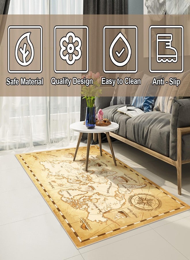 GUG Washable Area Rug, Non-Slip Yellow Retro Map Hallway Rug Runner with Upgrade Rubber Backing, Stain Resistant Faux Wool Distressed Carpet for Bedroom Kitchen Laundry Corridor Balcony (3' x 5') - Image 3