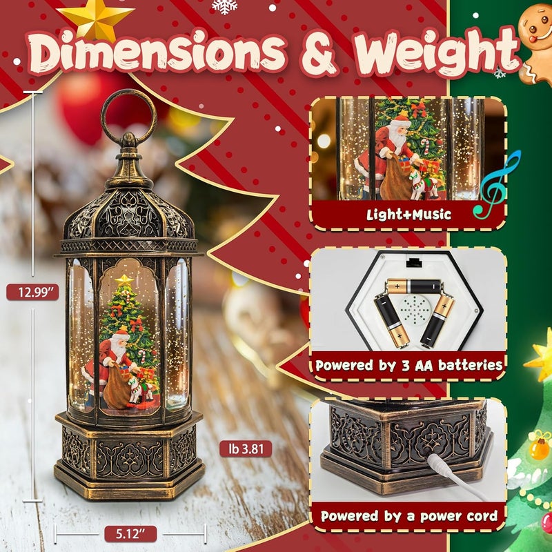 SUNFACE Christmas Snow Globes Lantern, Santa Claus & Gift Piles Christmas Decorations Indoor, 6H Timer Battery & USB Powered Light Up Musical Snow Globes for Kids Women Adults Gift Thanksgiving Home Decor - Image 3