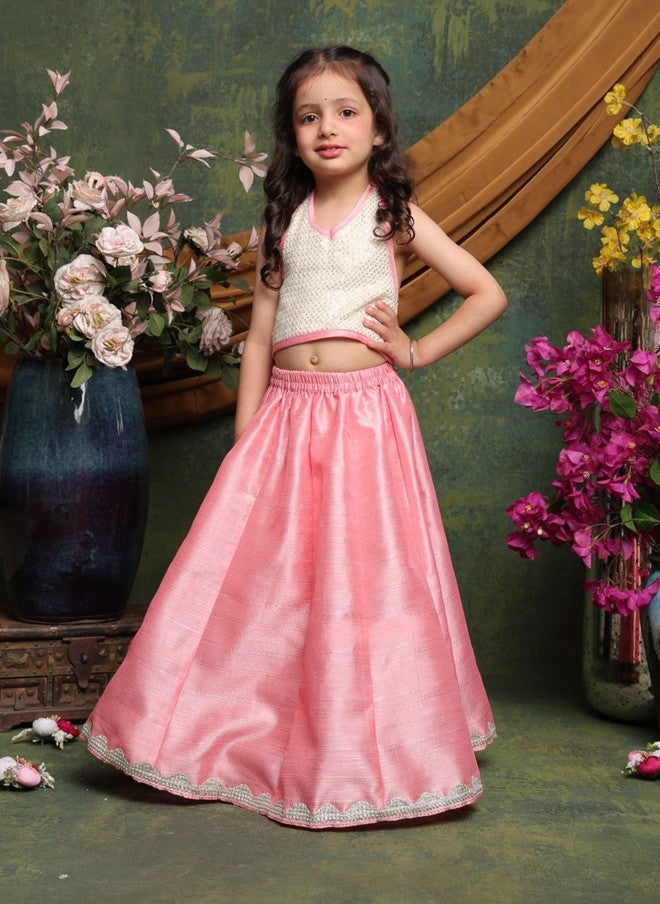 Saka Designs Girls Pink Sequinned Lehenga and Blouse Set - Image 1