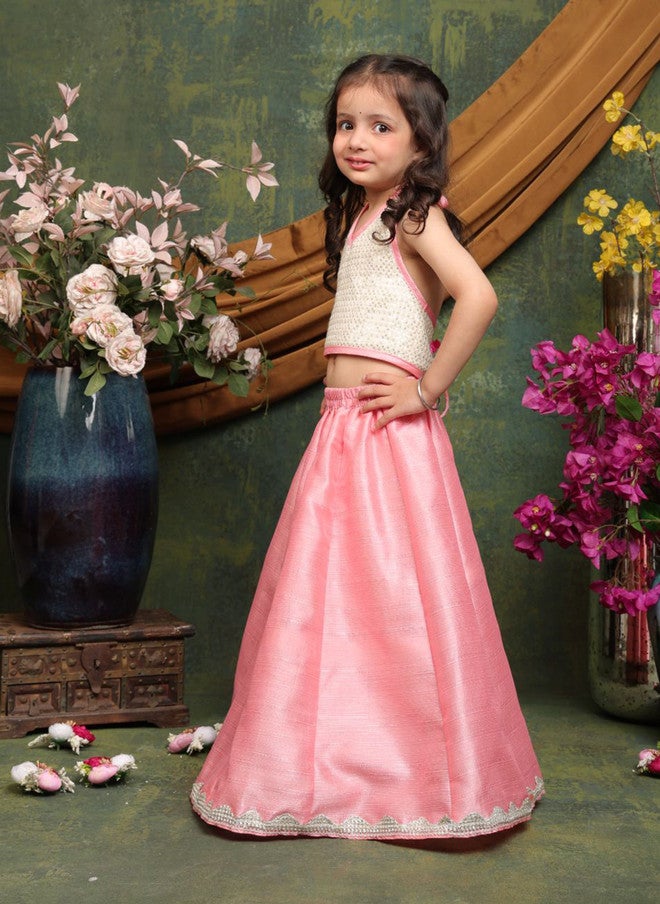 Saka Designs Girls Pink Sequinned Lehenga and Blouse Set - Image 4